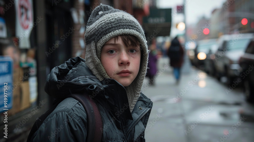 Runaway young cold teen teenage boy standing on a dirty city urban street sidewalk Runaway young cold teen teenage boy standing on a dirty city urban street sidewalk