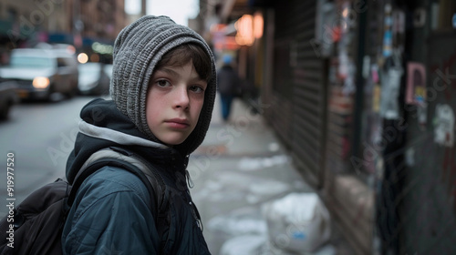 Runaway young teen teenage boy standing on a dirty city urban street sidewalk