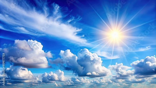 Fototapeta Naklejka Na Ścianę i Meble -  Beautiful blue sky with fluffy white clouds illuminated by morning light, sky, blue, clouds, fluffy, white, morning, light