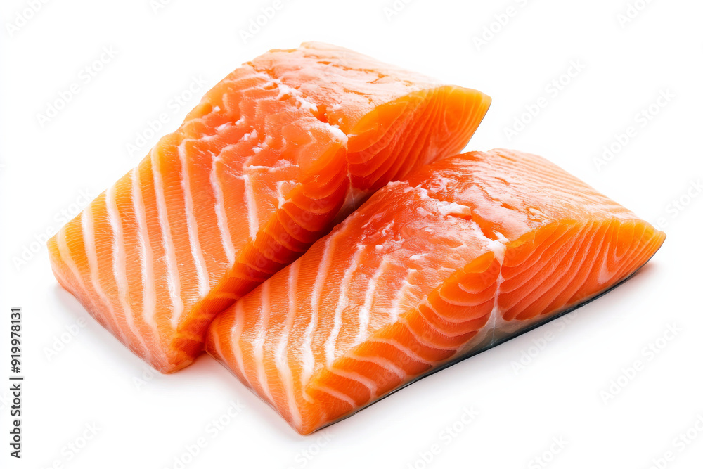Two fresh salmon fillets isolated on a white background, showing the vibrant orange color and texture of the fish. Two fresh salmon fillets isolated on a white background, showing the vibrant orange color and texture of the fish.