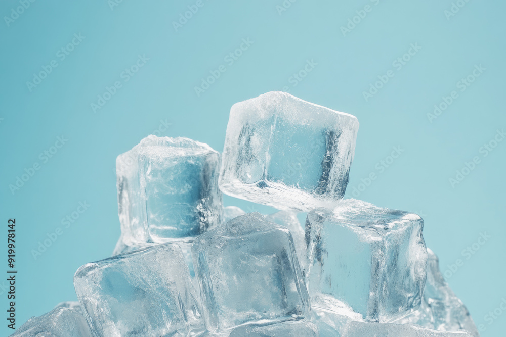 Close-up of clear ice cubes on a blue background, emphasizing their clarity and coolness. The image captures the refreshing and cold nature of ice, ideal for themes related to beverages Close-up of clear ice cubes on a blue background, emphasizing their clarity and coolness. The image captures the refreshing and cold nature of ice, ideal for themes related to beverages