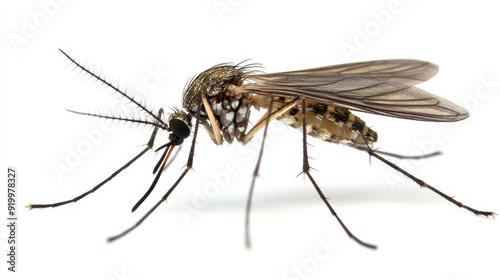 A high-resolution, detailed close-up of a mosquito isolated on a white background. The image emphasizes the insect's anatomy, suitable for themes related to pests, disease control, or biology. photo