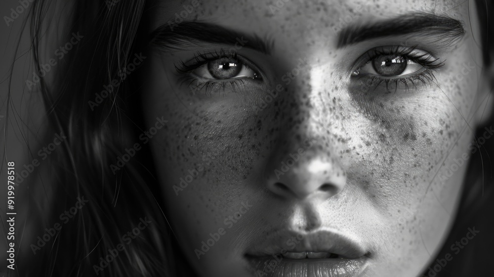 Close-up portrait of a woman with distinctive freckles on her face Close-up portrait of a woman with distinctive freckles on her face