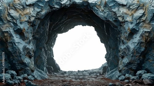 Cave entrance revealing bright light at the end on a rocky terrain