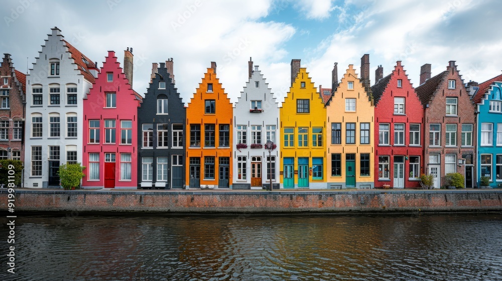 Obraz premium Colorful historic buildings along the canal in Bruges, Belgium during a cloudy day