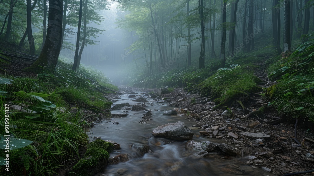 Calm stream flowing through a misty forest at dawn Calm stream flowing through a misty forest at dawn