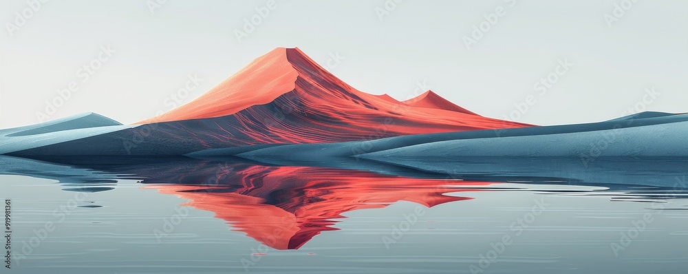 Minimalistic digital illustration of a serene landscape with reflections on calm water Minimalistic digital illustration of a serene landscape with reflections on calm water