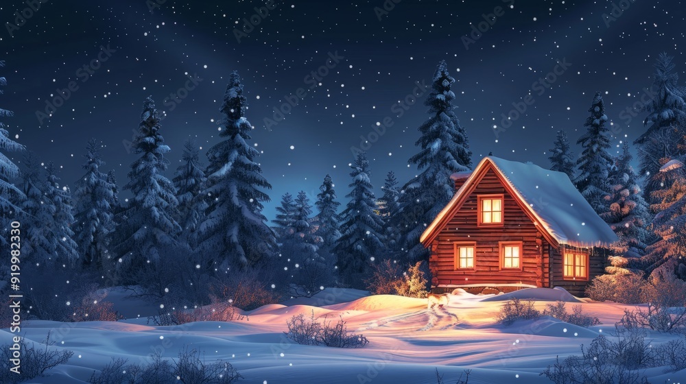 Cozy cabin illuminated by warm lights in a snowy forest during a winter night Cozy cabin illuminated by warm lights in a snowy forest during a winter night