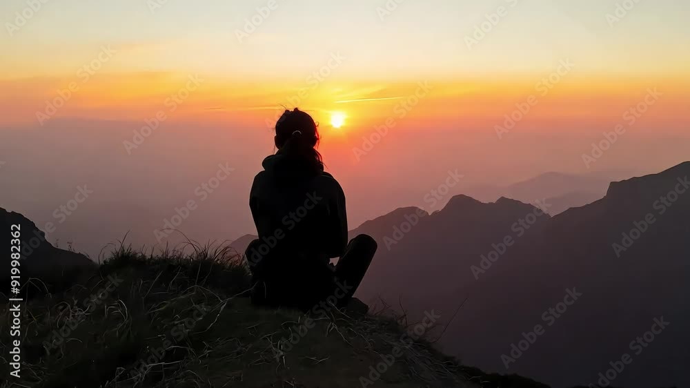 Person sitting on a hilltop watching the sunset over misty mountains. Person sitting on a hilltop watching the sunset over misty mountains.