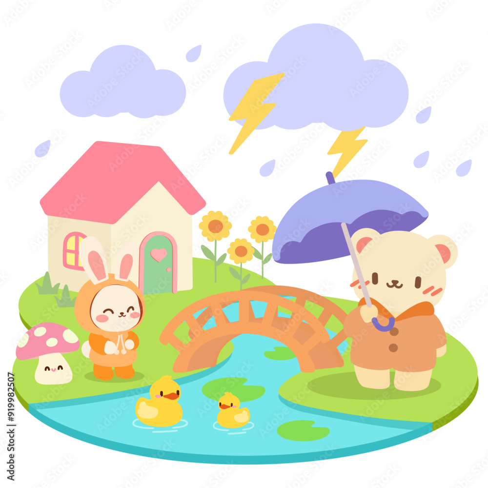 Kawaii Animals in a Rainy Day Park with Umbrella and Bridge.Cute Kawaii Bunny and Bear with Umbrella in a Rainy Landscape.Adorable Kawaii Scene with Animals, Bridge, and Rainy Weather.