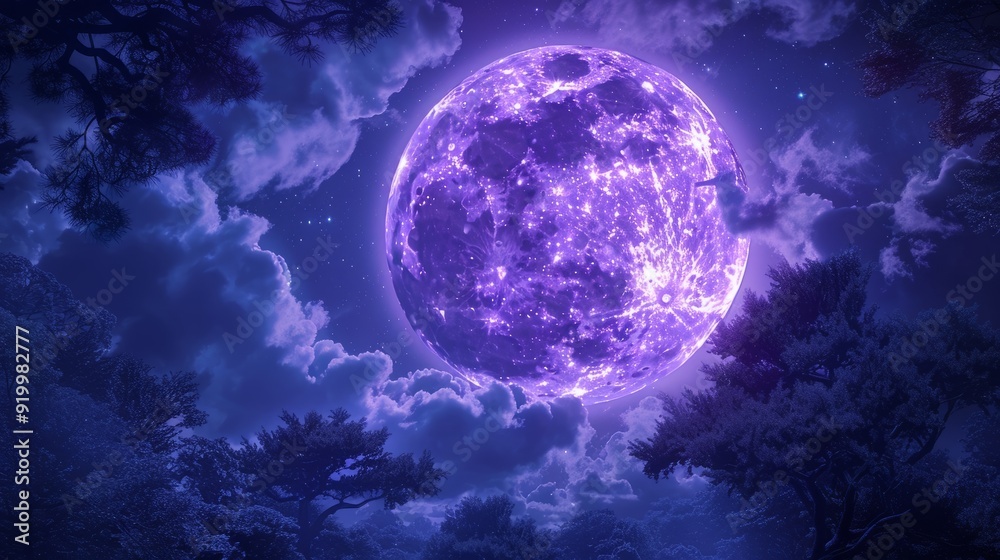 Purple moon illuminating a night sky with clouds over a tranquil forest landscape Purple moon illuminating a night sky with clouds over a tranquil forest landscape