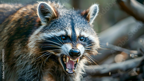 Captivating close up portrait of a fierce  aggressive raccoon baring its teeth and displaying a fierce  angry expression as if ready to attack  The raccoon s intense glare  sharp claws