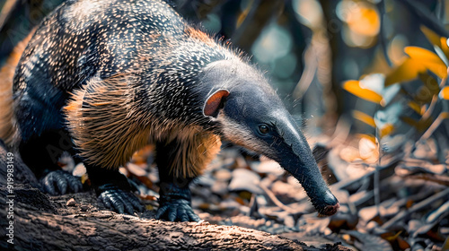 Closeup view of a giant anteater a unique mammalian insectivore foraging and exploring the leaf covered ground of a dense lush woodland environment photo