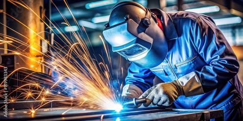 MIG welder creating sparks while working on metal equipment , welding, manufacturing, industrial, machinery