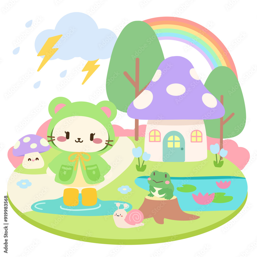 Obraz premium Cute Cat in Frog Hood with Mushroom House and Rainbow.Adorable Cat in Raincoat with Snail and Mushroom House.Kawaii Forest Scene with Cat, Frog, and Thunderstorm.