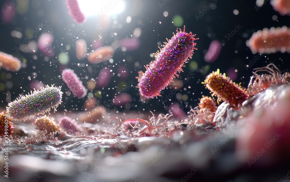 Naklejka premium Vivid microbiome, colorful bacteria in the human body, diversity of microorganisms that impact health, immunity, and various bodily functions in the intricate human ecosystem.
