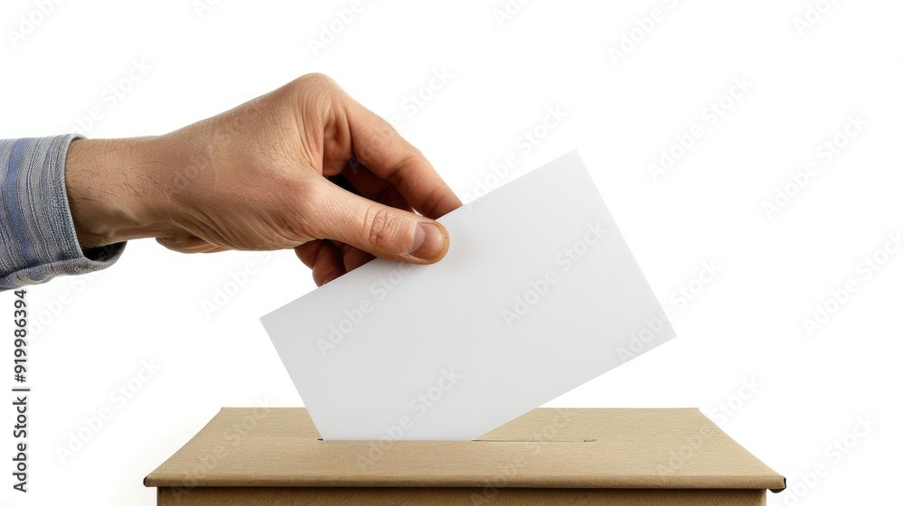 Democratic act - hand placing ballot paper in ballot box for voting, capturing essence of election concept, highlighting significance of secret ballot, and illustrating the intense preelection race