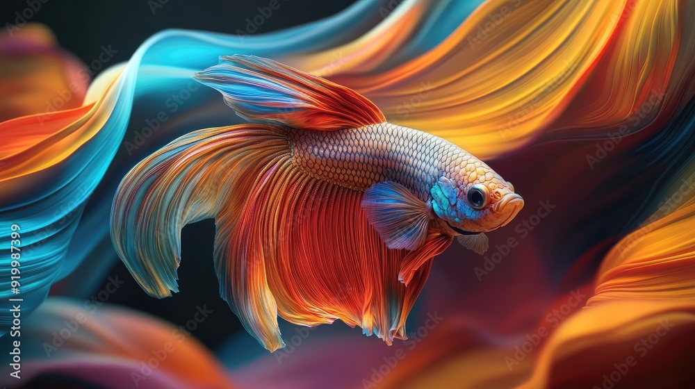 Vivid 3D golden fish with an elegant tail, gracefully flowing through dynamic, swirling waves of vibrant colors Vivid 3D golden fish with an elegant tail, gracefully flowing through dynamic, swirling waves of vibrant colors