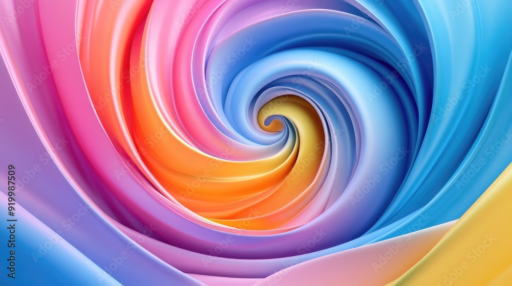 Vivid 3D spiral pattern with flowing colors, elegantly set against a light blue background