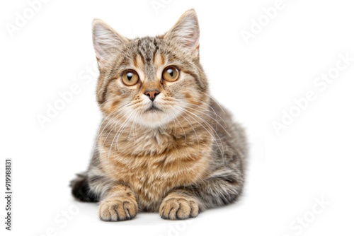 A cat sitting on a white surface looking directly at the camera