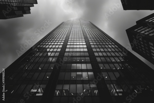 A black and white photograph of a tall building's silhouette against a contrasting background
