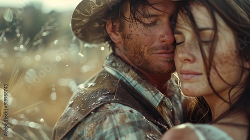 Couple embraces in a sunlit field with water droplets during a warm summer day