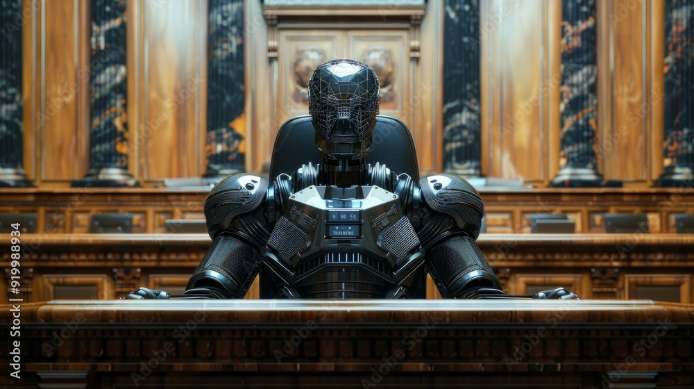Fototapeta premium Robot judge presiding over a courtroom with wooden paneling and ornate decor