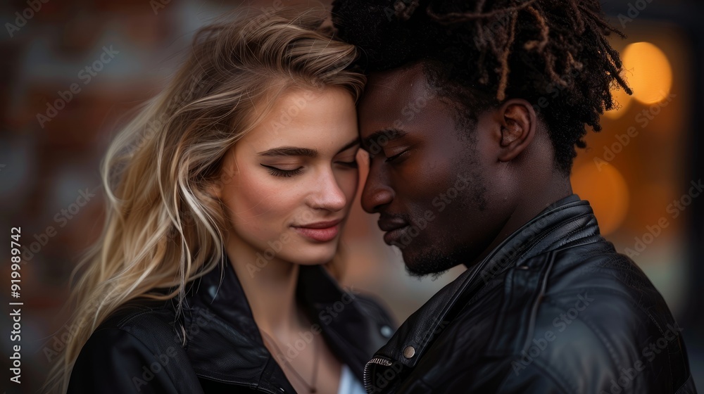 A couple sharing a tender moment outdoors during sunset in an urban setting A couple sharing a tender moment outdoors during sunset in an urban setting