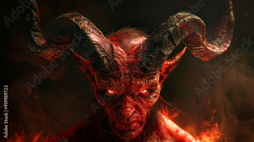 A demonic figure with horns emerges from flames in a dark, mystical setting