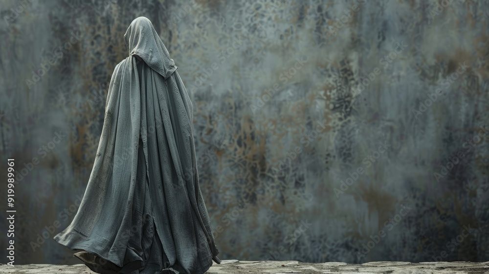 Mysterious figure in a hooded cloak walking against a textured gray wall at twilight Mysterious figure in a hooded cloak walking against a textured gray wall at twilight