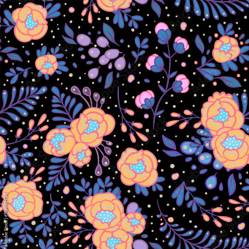 Seamless roses pattern. Vector illustration in freehand style. Stylish floral...