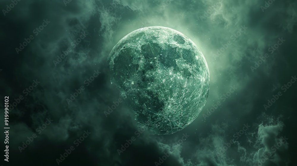 A luminous full moon shines through dark, swirling clouds on a clear night A luminous full moon shines through dark, swirling clouds on a clear night