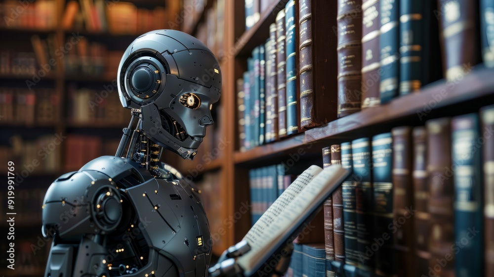 Robot studying old books in a library filled with shelves and literature Robot studying old books in a library filled with shelves and literature