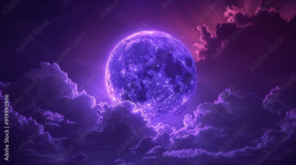 Purple moon illuminated by clouds during a nighttime sky display Purple moon illuminated by clouds during a nighttime sky display