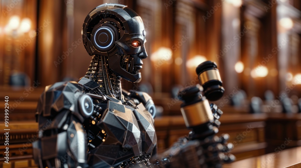 Robot judge holds gavel in a futuristic courtroom setting during a legal proceeding Robot judge holds gavel in a futuristic courtroom setting during a legal proceeding
