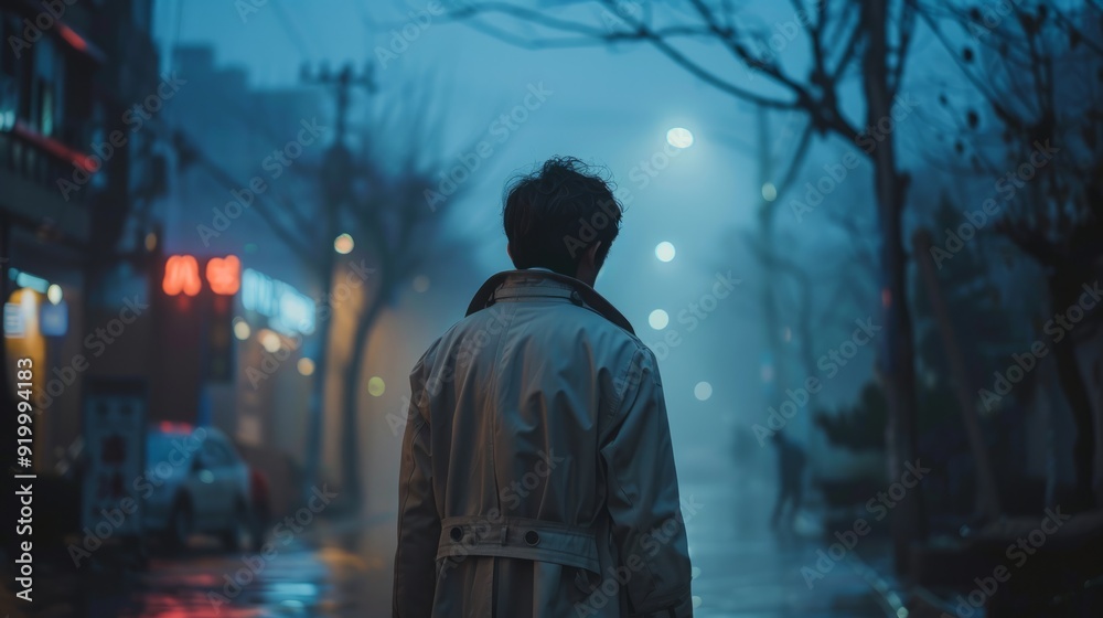 Person walking alone in a foggy urban street at night under dim streetlights