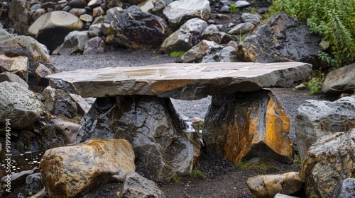 Table made of rocks in the valley.