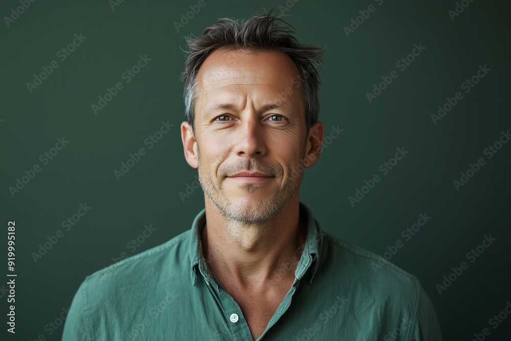 happy, studio portrait of a man in his 40s, front mugshot, looking at the camera, facing the camera straight ahead, random clothes. green style