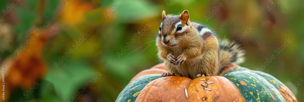 A delightful little chipmunk resting on a colorful green and orange pumpkin with room for text A delightful little chipmunk resting on a colorful green and orange pumpkin with room for text