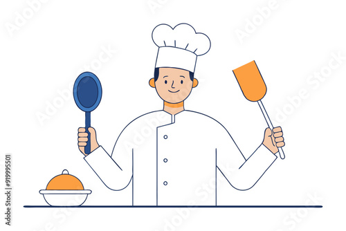 Line Drawing of Chef with Frying Pan  Elegant Line Art Vector Illustration photo