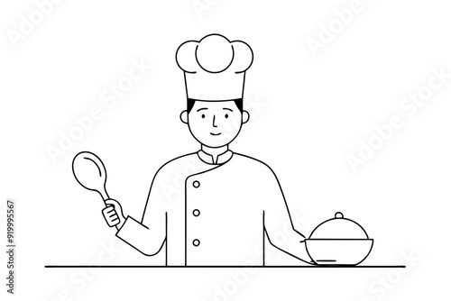 Line Drawing of Chef with Frying Pan  Elegant Line Art Vector Illustration photo