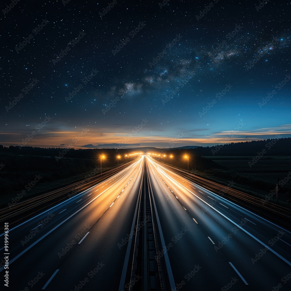 A stunning night view of a highway illuminated by headlights, showcasing the beauty of the cosmos above and the tranquility below. A stunning night view of a highway illuminated by headlights, showcasing the beauty of the cosmos above and the tranquility below.
