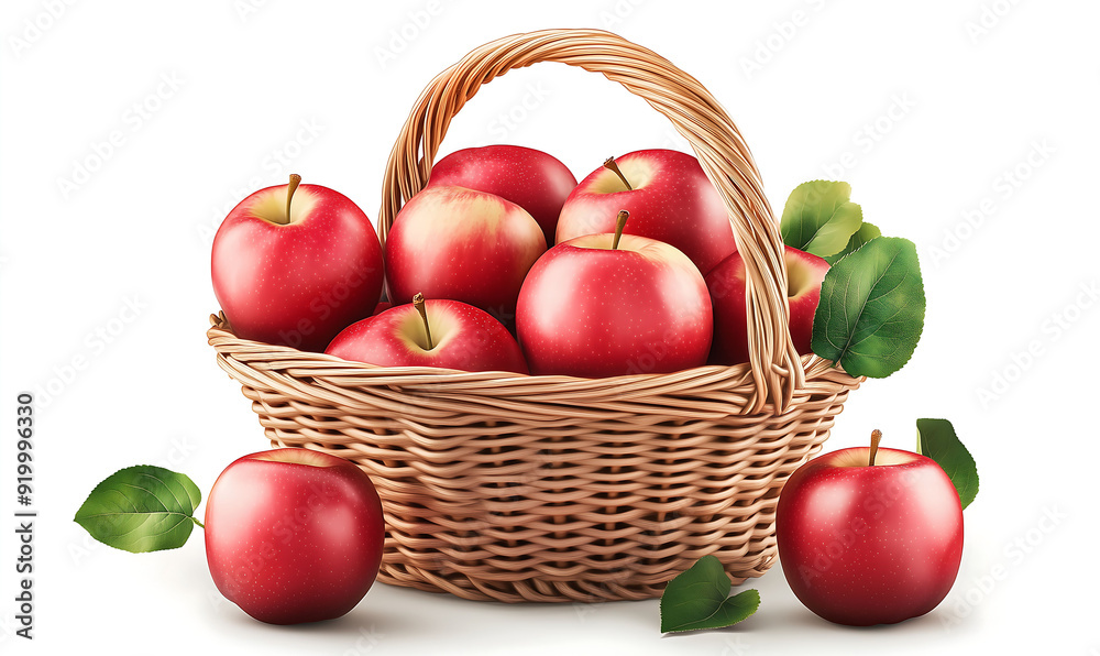 Basket of Fresh Red Apples with Green Leaves Basket of Fresh Red Apples with Green Leaves