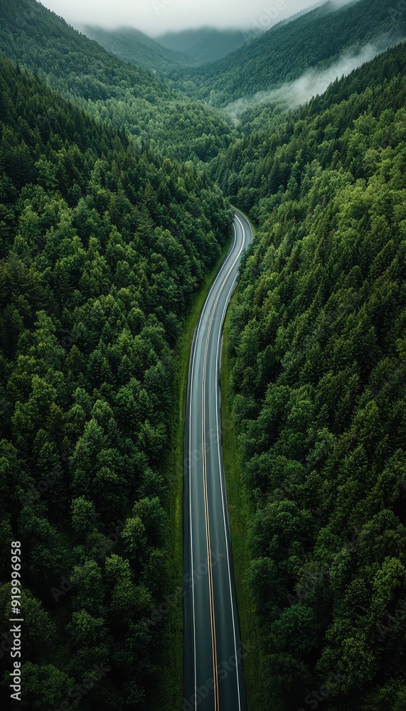 Aerial view of a winding road amidst lush green forests and misty mountains, showcasing the beauty of nature and tranquility. Aerial view of a winding road amidst lush green forests and misty mountains, showcasing the beauty of nature and tranquility.
