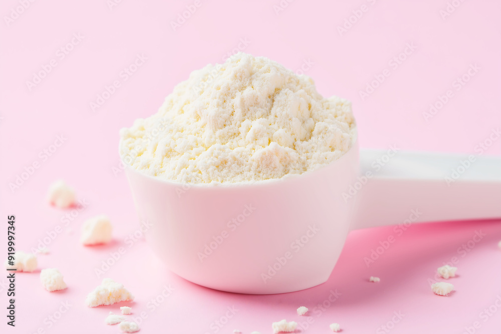 White Protein Powder Scoop on Soft Pink Background White Protein Powder Scoop on Soft Pink Background