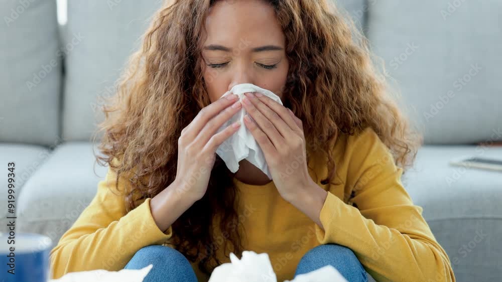 Sick young woman with flu or an allergy sneezing in a tissue and blowing nose. Ill girl caught a bad cold showing symptoms of covid, or suffering from a virus disease. Person with a sinus infection