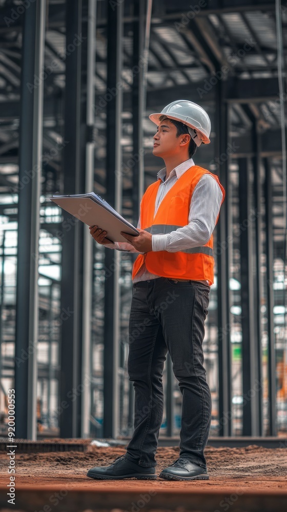 smart asian engineer manager with safety uniform checking site construction with steel smart asian engineer manager with safety uniform checking site construction with steel