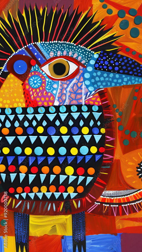Obraz premium Hedgehog - bird, colorful, abstract, art, painting, design, modern, vibrant, patterns, polygon, dots, feathers, eye, beak, contemporary, illustration