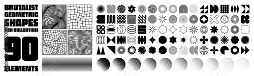 Brutalist geometric shapes, modern symbols. Groovy checkered pattern, distorted tiled grid. Simple elements, forms. Retro design, trendy contemporary minimalist style, y2k. Vector illustration