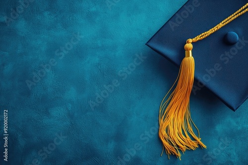 A graduation cap with a yellow tassel sits on a blue background. The cap is the main focus of the image, and the blue background serves as a neutral and calming backdrop